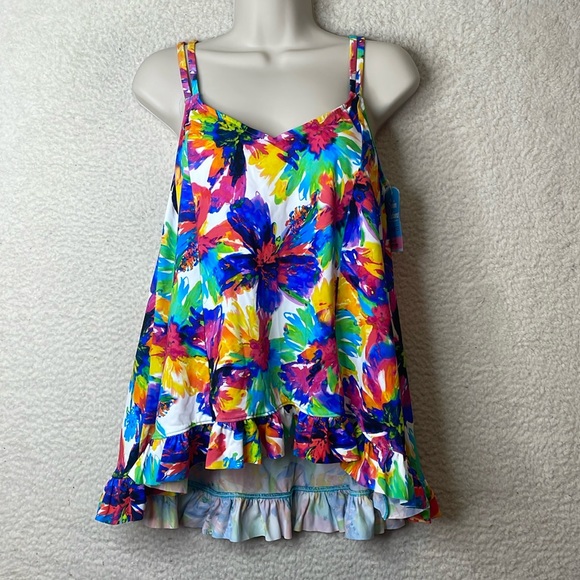 NWT Swim Solutions Womens Colorful Floral Hi Low Ruffled Tankini Top SIZE 10 - Picture 2 of 6